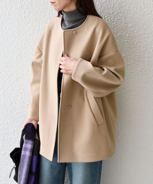 SHIPS Colors(シップス カラーズ)の「SHIPS Colors:〈手洗い可能〉ジャージーメルトン ノーカラー コート 2◇(ノーカラーコート・レディース・ネイビー/ブラック/ベージュ・ONE SIZE)」の13枚目の写真