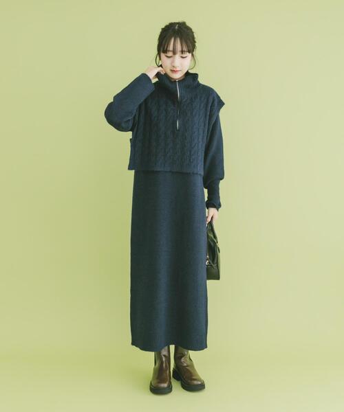 ITEMS URBANRESEARCH（アイテムズ アーバンリサーチ）の「ハーフジップニットセットワンピース（ワンピース・レディース・ネイビー/グレー・FREE）」の16枚目の写真