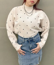 《小さめハート刺しゅうが可愛い》レディース ハイネック ニットプルオーバー コンパクト丈 大人ガーリー 秋冬