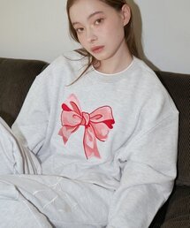 リボン刺繍クロップスウェットシャツ_グレー