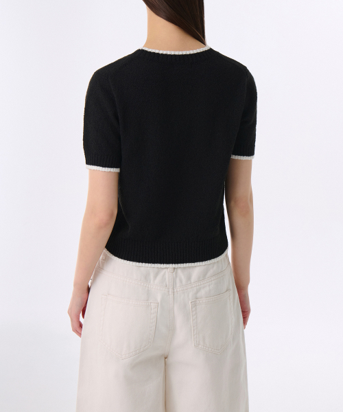 MUSINSA STANDARD WOMAN（ムシンサスタンダードウーマン）の「ウィメンズミニブークルリンガー半袖ニット[ブラック/アイボリー]（ニット/セーター・レディース・その他・SMALL/MEDIUM/X-SMALL/LARGE）」の2枚目の写真