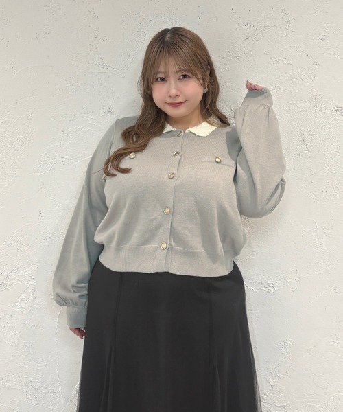 Louiosy(ルオシー)の「【大きいサイズ】金ボタン配色襟ポロニットカーディガン(カーディガン/ボレロ・レディース・グレー/ライトブルー・X-LARGE/4L/3L)」の1枚目の写真