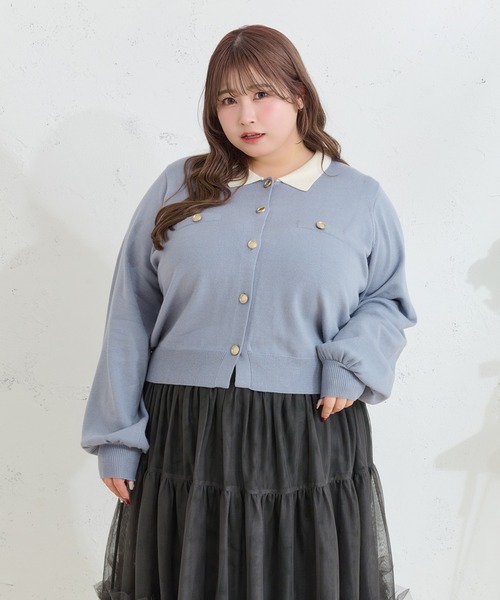 Louiosy(ルオシー)の「【大きいサイズ】金ボタン配色襟ポロニットカーディガン(カーディガン/ボレロ・レディース・グレー/ライトブルー・X-LARGE/4L/3L)」の2枚目の写真