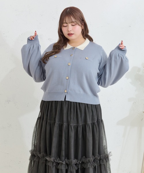 Louiosy(ルオシー)の「【大きいサイズ】金ボタン配色襟ポロニットカーディガン(カーディガン/ボレロ・レディース・グレー/ライトブルー・X-LARGE/4L/3L)」の3枚目の写真