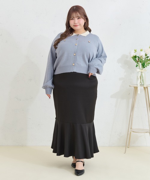 Louiosy(ルオシー)の「【大きいサイズ】金ボタン配色襟ポロニットカーディガン(カーディガン/ボレロ・レディース・グレー/ライトブルー・X-LARGE/4L/3L)」の4枚目の写真