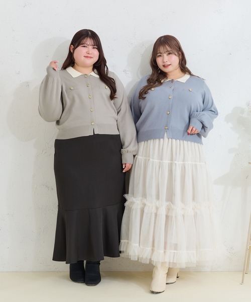 Louiosy(ルオシー)の「【大きいサイズ】金ボタン配色襟ポロニットカーディガン(カーディガン/ボレロ・レディース・グレー/ライトブルー・X-LARGE/4L/3L)」の5枚目の写真