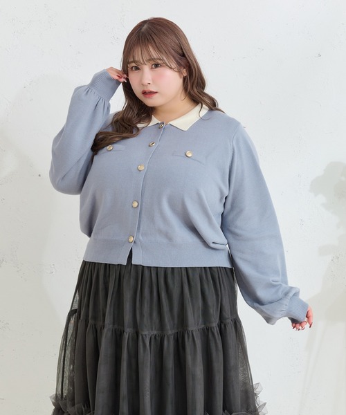 Louiosy(ルオシー)の「【大きいサイズ】金ボタン配色襟ポロニットカーディガン(カーディガン/ボレロ・レディース・グレー/ライトブルー・X-LARGE/4L/3L)」の6枚目の写真