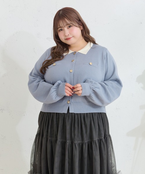 Louiosy(ルオシー)の「【大きいサイズ】金ボタン配色襟ポロニットカーディガン(カーディガン/ボレロ・レディース・グレー/ライトブルー・X-LARGE/4L/3L)」の8枚目の写真