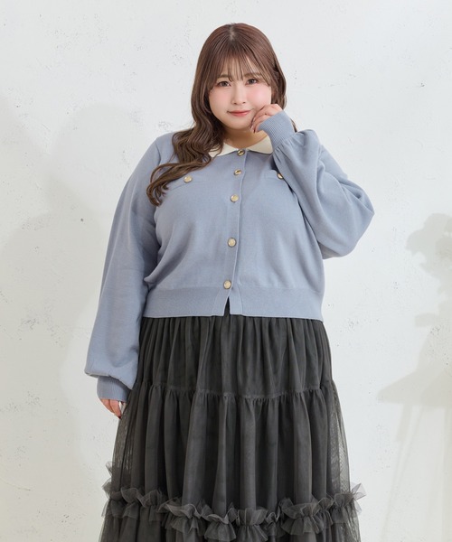 Louiosy(ルオシー)の「【大きいサイズ】金ボタン配色襟ポロニットカーディガン(カーディガン/ボレロ・レディース・グレー/ライトブルー・X-LARGE/4L/3L)」の9枚目の写真