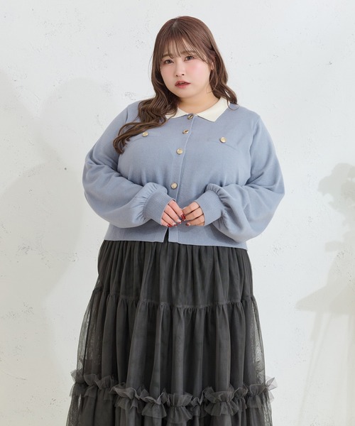 Louiosy(ルオシー)の「【大きいサイズ】金ボタン配色襟ポロニットカーディガン(カーディガン/ボレロ・レディース・グレー/ライトブルー・X-LARGE/4L/3L)」の10枚目の写真