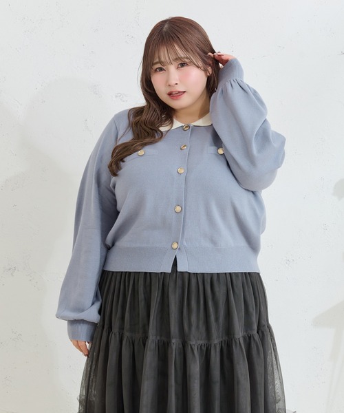 Louiosy(ルオシー)の「【大きいサイズ】金ボタン配色襟ポロニットカーディガン(カーディガン/ボレロ・レディース・グレー/ライトブルー・X-LARGE/4L/3L)」の11枚目の写真