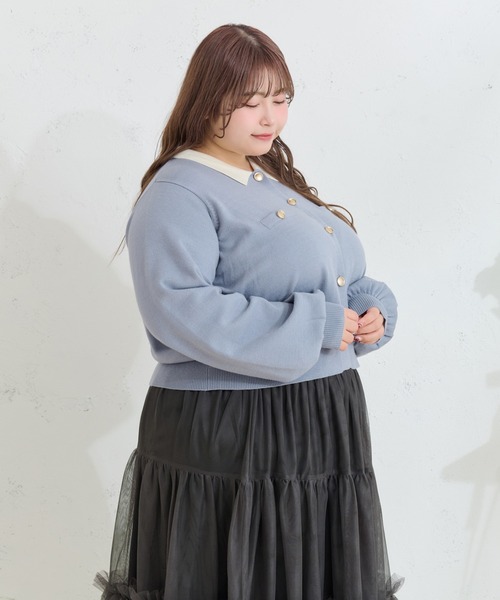 Louiosy(ルオシー)の「【大きいサイズ】金ボタン配色襟ポロニットカーディガン(カーディガン/ボレロ・レディース・グレー/ライトブルー・X-LARGE/4L/3L)」の12枚目の写真
