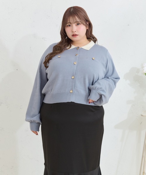 Louiosy(ルオシー)の「【大きいサイズ】金ボタン配色襟ポロニットカーディガン(カーディガン/ボレロ・レディース・グレー/ライトブルー・X-LARGE/4L/3L)」の16枚目の写真