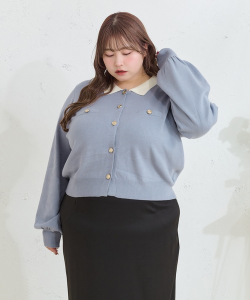 Louiosy(ルオシー)の「【大きいサイズ】金ボタン配色襟ポロニットカーディガン(カーディガン/ボレロ・レディース・グレー/ライトブルー・X-LARGE/4L/3L)」の19枚目の写真