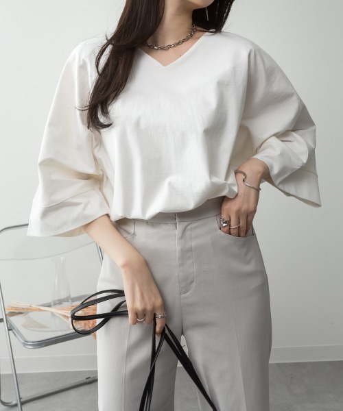 RCD(アールシーディー)の「Vネック7分袖ドルマンTシャツ(Tシャツ/カットソー・レディース・ミント/チャコールグレー/オフホワイト/ブラック/グレイッシュベージュ・4L~5L/M-L/LL~3L)」の7枚目の写真