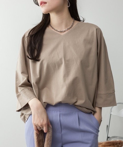 RCD(アールシーディー)の「Vネック7分袖ドルマンTシャツ(Tシャツ/カットソー・レディース・ミント/チャコールグレー/オフホワイト/ブラック/グレイッシュベージュ・4L~5L/M-L/LL~3L)」の12枚目の写真