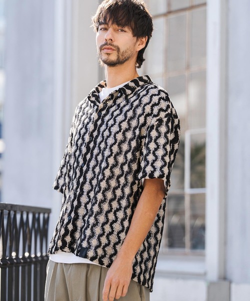 CAMBIO（カンビオ）の「mhs2516- Crochet Like Pattern Short Sleeve Shirts ショートスリーブシャツ(PF-261-017)（シャツ/ブラウス・メンズ・ブラック/モカ・M/L）」の5枚目の写真