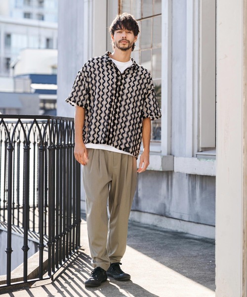 CAMBIO（カンビオ）の「mhs2516- Crochet Like Pattern Short Sleeve Shirts ショートスリーブシャツ(PF-261-017)（シャツ/ブラウス・メンズ・ブラック/モカ・M/L）」の6枚目の写真