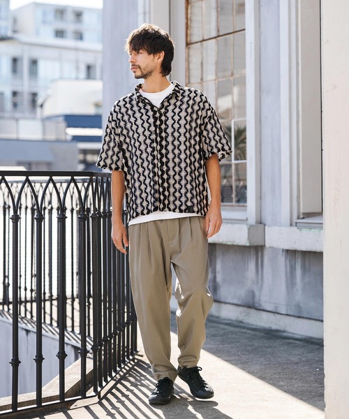 CAMBIO（カンビオ）の「mhs2516- Crochet Like Pattern Short Sleeve Shirts ショートスリーブシャツ(PF-261-017)（シャツ/ブラウス・メンズ・ブラック/モカ・M/L）」の7枚目の写真