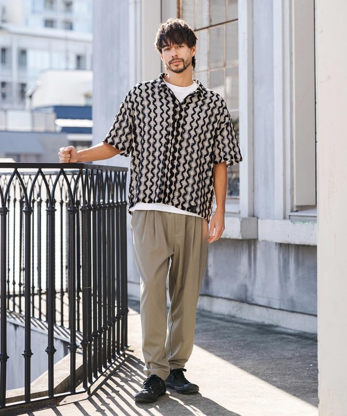 CAMBIO（カンビオ）の「mhs2516- Crochet Like Pattern Short Sleeve Shirts ショートスリーブシャツ(PF-261-017)（シャツ/ブラウス・メンズ・ブラック/モカ・M/L）」の8枚目の写真