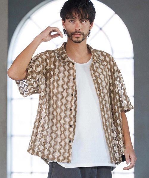 CAMBIO（カンビオ）の「mhs2516- Crochet Like Pattern Short Sleeve Shirts ショートスリーブシャツ(PF-261-017)（シャツ/ブラウス・メンズ・ブラック/モカ・M/L）」の9枚目の写真