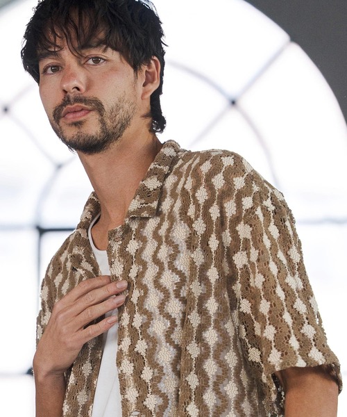 CAMBIO（カンビオ）の「mhs2516- Crochet Like Pattern Short Sleeve Shirts ショートスリーブシャツ(PF-261-017)（シャツ/ブラウス・メンズ・ブラック/モカ・M/L）」の10枚目の写真