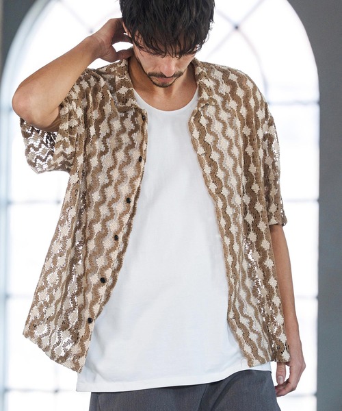 CAMBIO（カンビオ）の「mhs2516- Crochet Like Pattern Short Sleeve Shirts ショートスリーブシャツ(PF-261-017)（シャツ/ブラウス・メンズ・ブラック/モカ・M/L）」の11枚目の写真