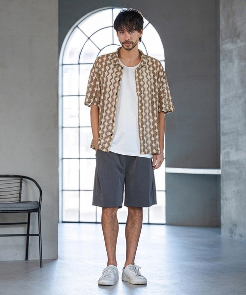 CAMBIO（カンビオ）の「mhs2516- Crochet Like Pattern Short Sleeve Shirts ショートスリーブシャツ(PF-261-017)（シャツ/ブラウス・メンズ・ブラック/モカ・M/L）」の12枚目の写真