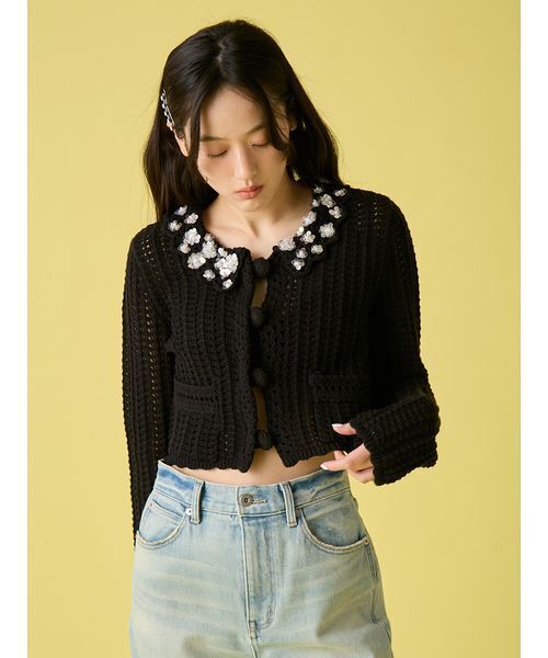LILY BROWN（リリーブラウン）の「[L.B CANDY STOCK]クロシェ編みビジューニットカーディガン（カーディガン/ボレロ・レディース・イエロー/ブラック/ホワイト・F）」の9枚目の写真