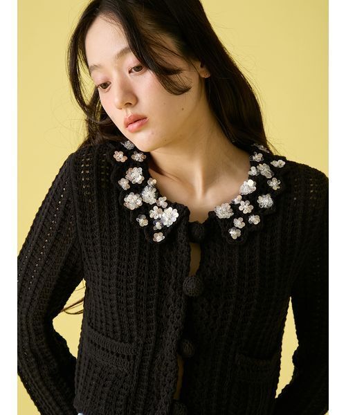 LILY BROWN（リリーブラウン）の「[L.B CANDY STOCK]クロシェ編みビジューニットカーディガン（カーディガン/ボレロ・レディース・イエロー/ブラック/ホワイト・F）」の12枚目の写真