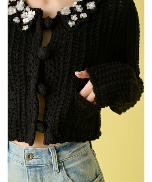 LILY BROWN（リリーブラウン）の「[L.B CANDY STOCK]クロシェ編みビジューニットカーディガン（カーディガン/ボレロ・レディース・イエロー/ブラック/ホワイト・F）」の14枚目の写真