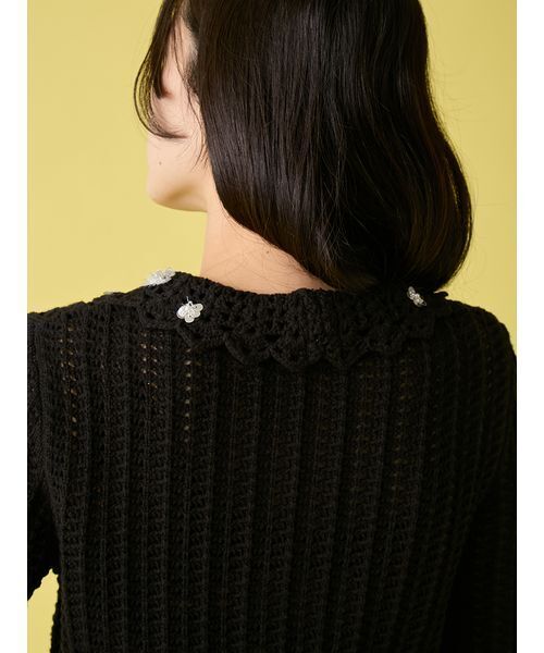 LILY BROWN（リリーブラウン）の「[L.B CANDY STOCK]クロシェ編みビジューニットカーディガン（カーディガン/ボレロ・レディース・イエロー/ブラック/ホワイト・F）」の4枚目の写真
