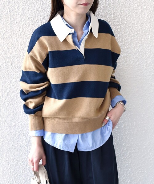 SHIPS Colors(シップス カラーズ)の「SHIPS Colors:〈手洗い可能〉コットン / アクリル ラガー ニット(ニット/セーター・レディース・ベージュ/ライトブルー・ONE SIZE)」の1枚目の写真