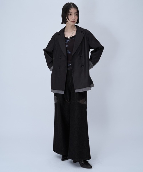 HARE（ハレ）の「シアーストライプミドルジャケット(HARE)（テーラードジャケット・レディース・ライトベージュ/ブラック・FREE）」の6枚目の写真