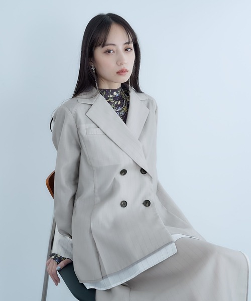 HARE（ハレ）の「シアーストライプミドルジャケット(HARE)（テーラードジャケット・レディース・ライトベージュ/ブラック・FREE）」の7枚目の写真