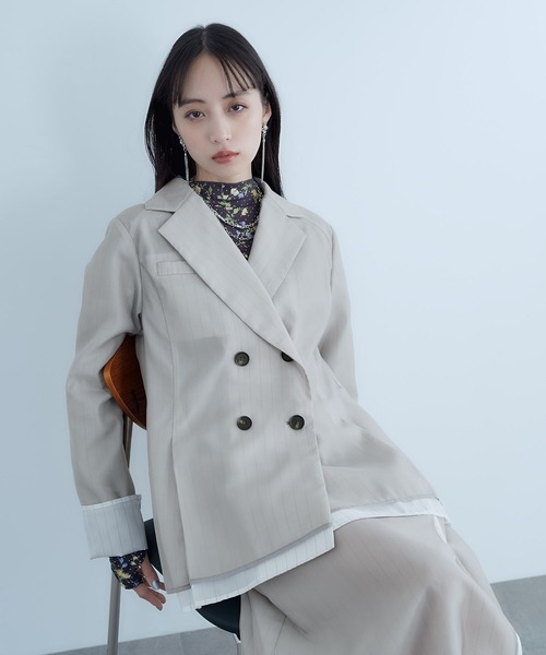 HARE（ハレ）の「シアーストライプミドルジャケット(HARE)（テーラードジャケット・レディース・ライトベージュ/ブラック・FREE）」の8枚目の写真