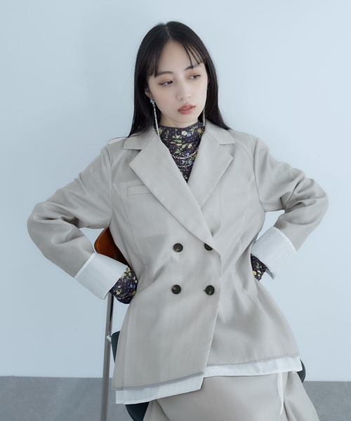 HARE（ハレ）の「シアーストライプミドルジャケット(HARE)（テーラードジャケット・レディース・ライトベージュ/ブラック・FREE）」の9枚目の写真