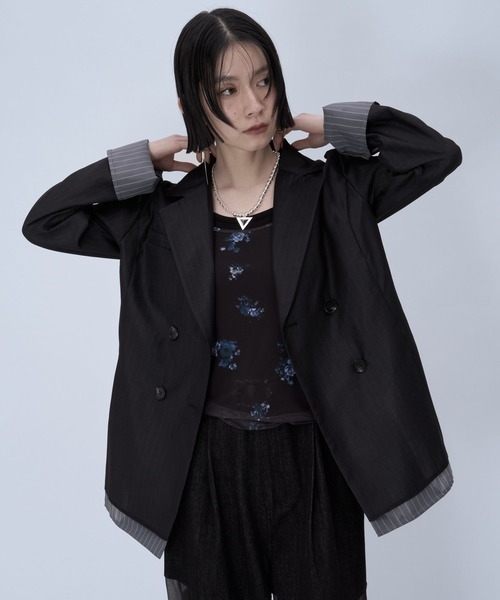 HARE（ハレ）の「シアーストライプミドルジャケット(HARE)（テーラードジャケット・レディース・ライトベージュ/ブラック・FREE）」の11枚目の写真