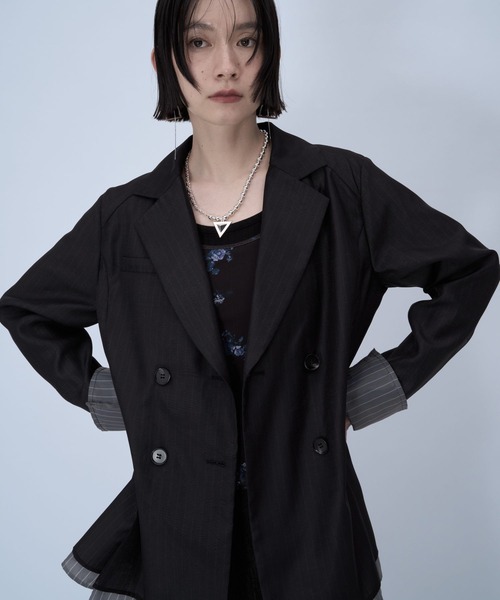 HARE（ハレ）の「シアーストライプミドルジャケット(HARE)（テーラードジャケット・レディース・ライトベージュ/ブラック・FREE）」の12枚目の写真