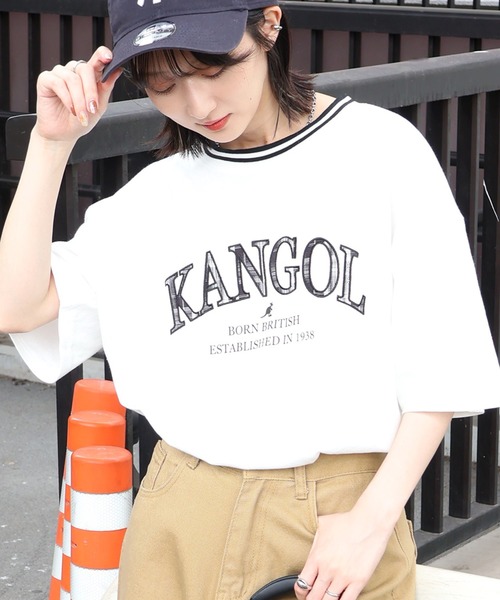 KANGOL(カンゴール)の「【KANGOL/カンゴール】別注 パッチワークロゴ ラインリブ半袖Tシャツ(Tシャツ/カットソー・メンズ・ベージュ/ネイビー/ホワイト/グリーン/ブラック/アッシュグレー/チャコールグレー・S/M/L/XL)」の1枚目の写真