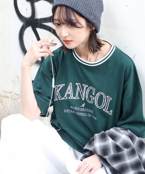 KANGOL(カンゴール)の「【KANGOL/カンゴール】別注 パッチワークロゴ ラインリブ半袖Tシャツ(Tシャツ/カットソー・メンズ・ベージュ/ネイビー/ホワイト/グリーン/ブラック/アッシュグレー/チャコールグレー・S/M/L/XL)」の6枚目の写真