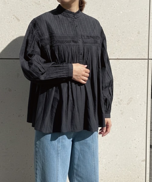 SOTT(ソット)の「インドコットン ピンタックギャザーブラウス(シャツ/ブラウス・レディース・チャコールグレー/オフホワイト・FREE)」の8枚目の写真