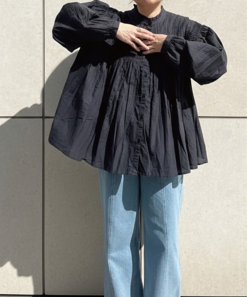 SOTT(ソット)の「インドコットン ピンタックギャザーブラウス(シャツ/ブラウス・レディース・チャコールグレー/オフホワイト・FREE)」の10枚目の写真