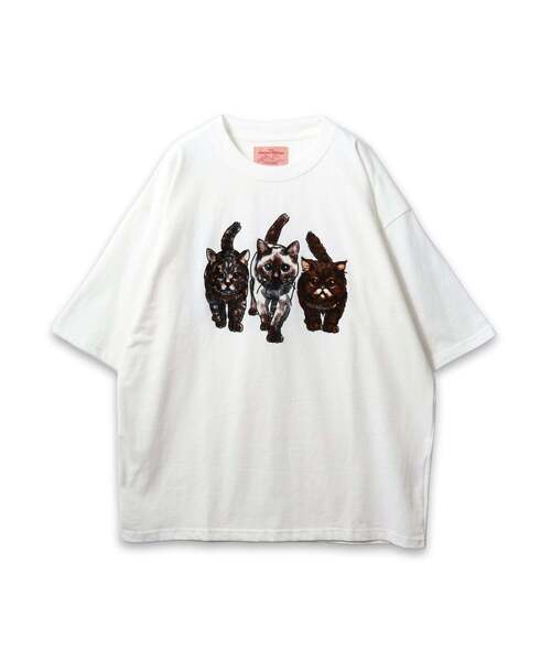 CORISCO(コリスコ)の「【CORISCO】 度詰め天竺キャットフロッキーインクジェットプリントTEE ネコプリント(Tシャツ/カットソー・メンズ・ホワイト・3/2)」の1枚目の写真