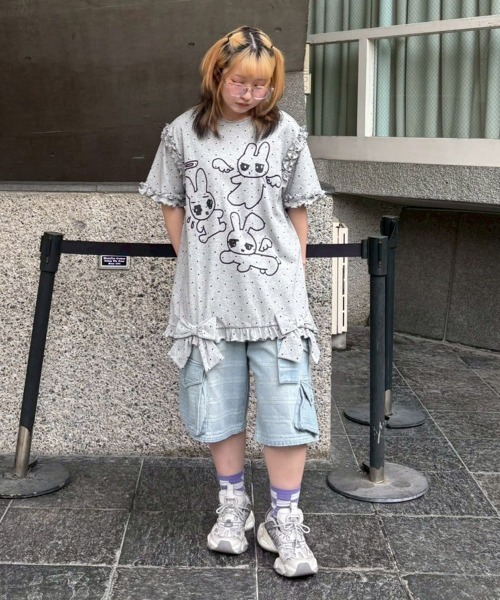 Candy Stripper(キャンディストリッパー)の「CHECK SAGGING DENIM HALF パンツ(デニムパンツ・レディース・ライトインディゴブルー/ブルー系その他・FREE)」の6枚目の写真