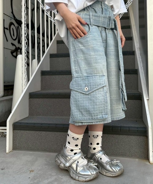 Candy Stripper(キャンディストリッパー)の「CHECK SAGGING DENIM HALF パンツ(デニムパンツ・レディース・ライトインディゴブルー/ブルー系その他・FREE)」の12枚目の写真