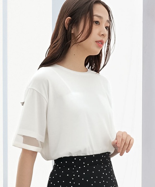 Honeys（ハニーズ）の「【ＵＶカット】袖チュールトップス（Tシャツ/カットソー・レディース・ブルーグリーン/アイボリー/オレンジ系その他2/ブラック・LL/S/M/L）」の2枚目の写真