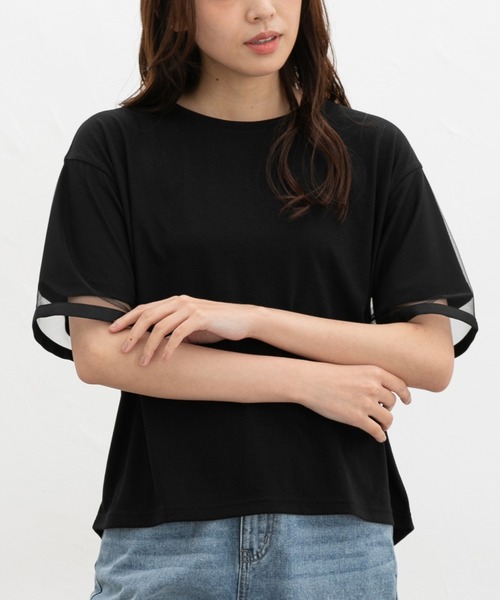 Honeys（ハニーズ）の「【ＵＶカット】袖チュールトップス（Tシャツ/カットソー・レディース・ブルーグリーン/アイボリー/オレンジ系その他2/ブラック・LL/S/M/L）」の3枚目の写真