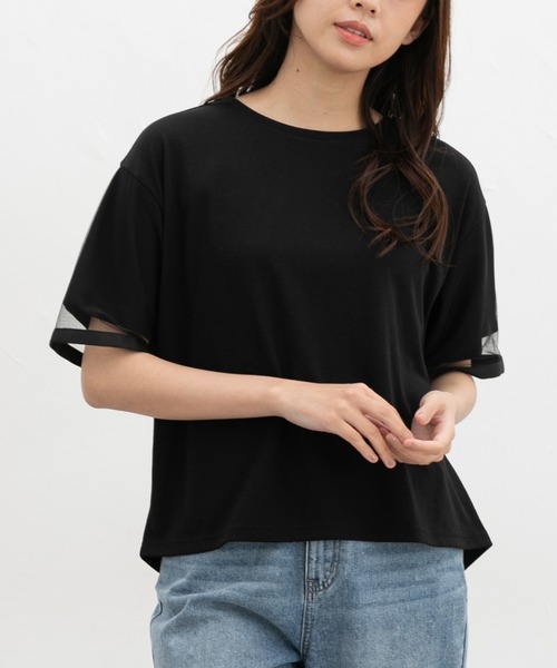 Honeys（ハニーズ）の「【ＵＶカット】袖チュールトップス（Tシャツ/カットソー・レディース・ブルーグリーン/アイボリー/オレンジ系その他2/ブラック・LL/S/M/L）」の7枚目の写真