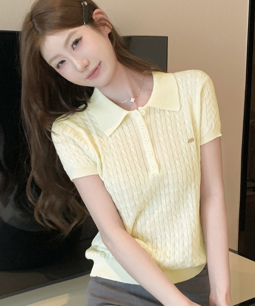 Girly Doll(ガーリードール)の「ポロカラーケーブル半袖ニット(ニット/セーター・レディース・イエロー/ブルー/ホワイト・F)」の3枚目の写真